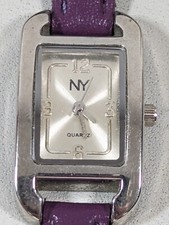 NY Womans Silver Tone Dial Rectangle Case Purple Faux Leather Band Watch 6.5 In