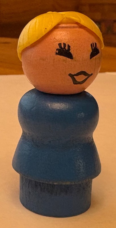 Vintage Fisher Price Little People PP Blue Body Mom Woman Blonde Ponytail