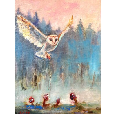 Original Painting on canvas Owl Bird landscape fairytale forest fairy art