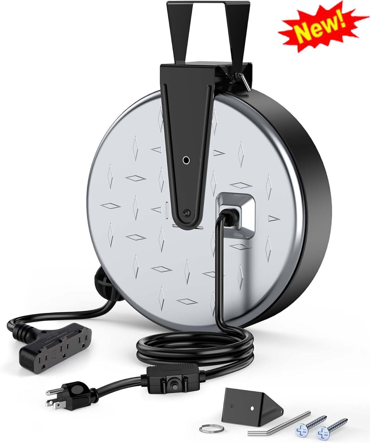 30FT Metal Extension Cord Reel Retractable 3 Electrical Outlets 10A Workshop NEW