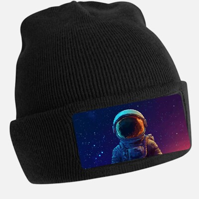 Black Cool Astronaut Print Beanie Hat - Unisex Cap, Cotton