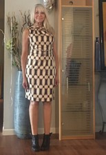 NWOT David Meister Dress Knee Length Belted Silk Geometric Chain Pattern 8