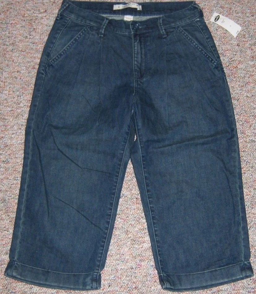 OLD NAVY Blue Denim Relax Fit Pleated High Rise Capris Jeans Cuffs