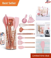 Premium Pink Copper Kitchen Utensils - 17PC Set with Holder - Luxurious Glam