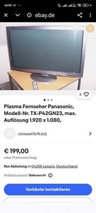 Plasma Fernseher Panasonic, Modell-Nr. TX-P42GN23, max. Auflösung 1.920 x 1.080,