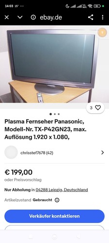 Plasma Fernseher Panasonic, Modell-Nr. TX-P42GN23, max. Auflösung 1.920 x 1.080,