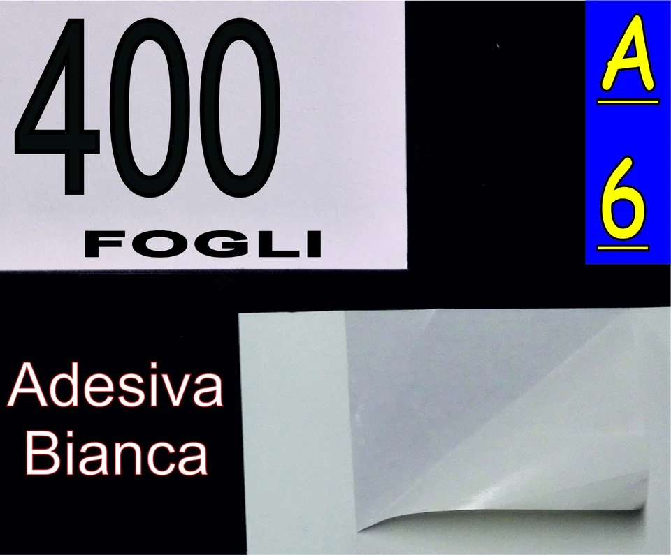 400 FOGLI CARTA ADESIVA BIANCA MATTA X ETICHETTE A6 X STAMPANTI INKJET E LASER