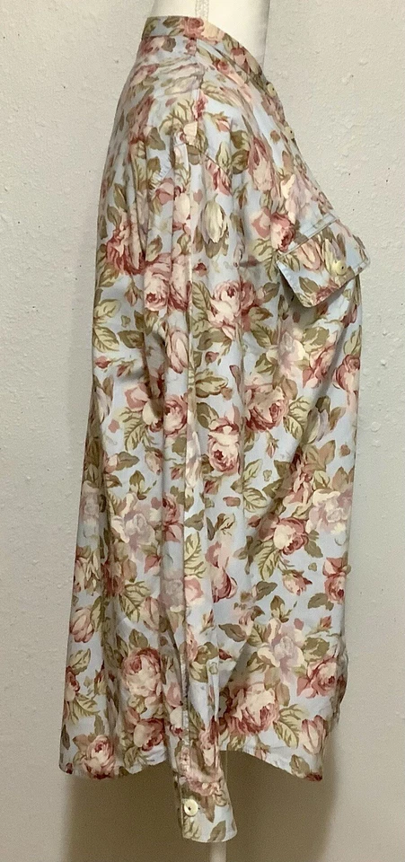 Blusa Top LizWear Mujer Talla M Azul Algodón Floral Cuello Banda Largo Slv Cottage Core Foto 4 de 4