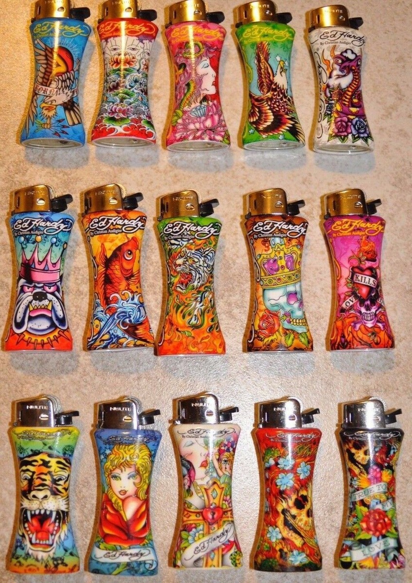 50pc Ed Hardy Mini Curve Lighters Refillable Tattoo designs without Gas