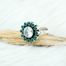 925 Sterling Silver Ring Natural Gemstone Emerald  CZ Adjustable Ring Jewelry
