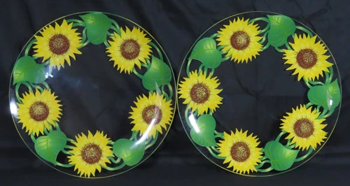 2 Hand Painted Sunflowers on Clear Glass 13.5" Serving Platter Very Beautiful.
