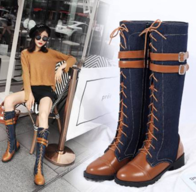 Women's Denim Mid-calf Boots Buckle Shoes Lace Up Round Toe Biker Splicing Hot