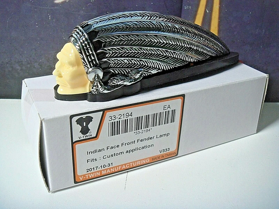 Lámpara guardabarros delantero Indian Face blanca retro vintage Scout Chief V-Twin 33-2194 X8 Foto 3 de 4