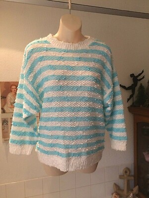 80er Jahre Alana Fantasia ~ weiß/blau weicher Frottee Struktur Sommer Rundhals Strick ~ M
