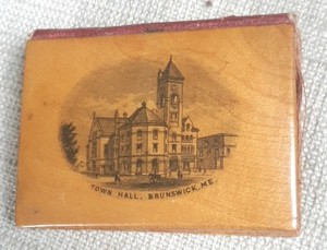 Brunswick Me. mauchline ware sewing needle case Town hall view