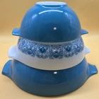 Vintage Pyrex Horizon Blue Set of 3 Nesting Cinderella Mixing Bowls Moon Landing