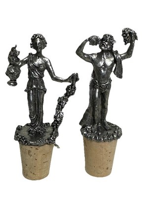 Vintage Pewter Wine Stopper Pair Greek God Dionysus & Lady Grapes Made Portugal