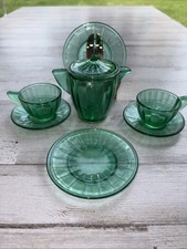GREEN URANIUM GLASS Akro Agate Child's Tea Set 8 pc, 1930s,