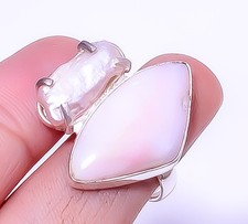 Pink Opal - Australia & Biwa Pearl Gemstone 925 Silver Plated Ring s.7 A331