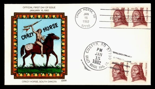 DR WHO 1982 FDC INDIAN CRAZY HORSE COLLINS HAND COLORED CACHET M75652