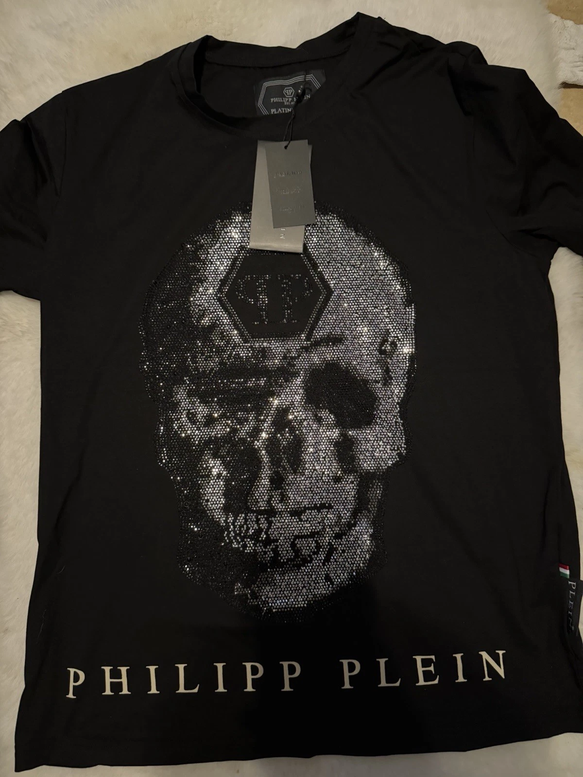 Philipp Plein Skull Rhinestone Logo Black Men's Short Sleeve T Shirt Size L