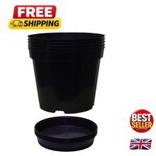 Set of 5 Round Black Plastic Planters with Saucers for Herbs & Flowers - 7.5L