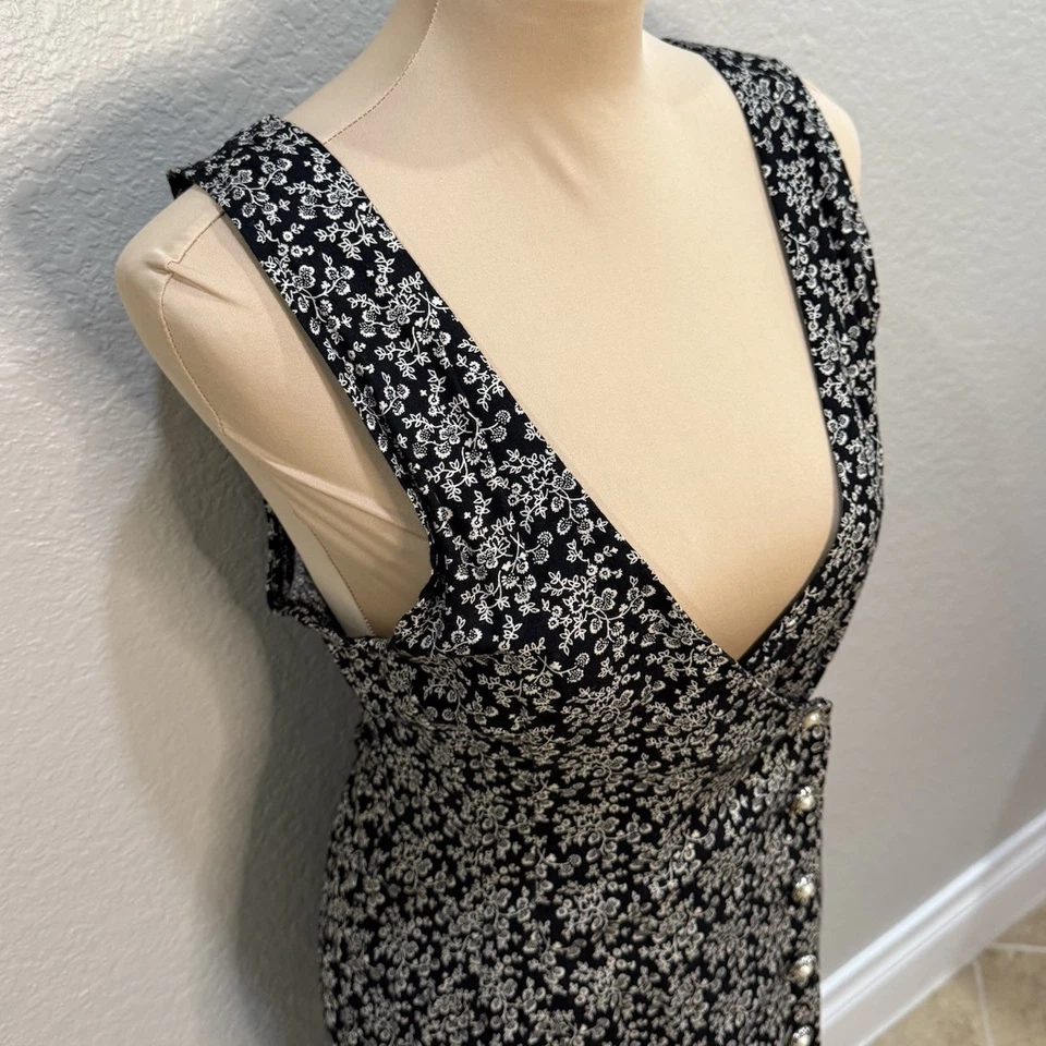 VTG 90s Grunge Floral Pearl Button Front Rayon Maxi Dress Black Ivory Soft Goth - Image 4 of 4