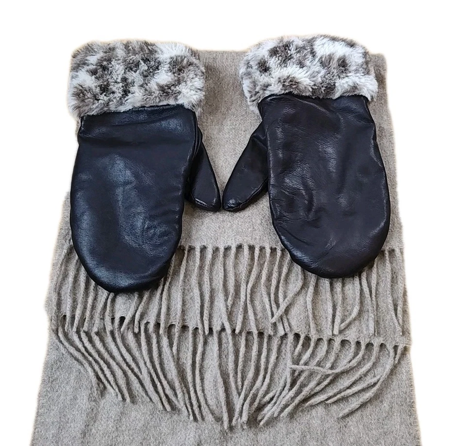 Guantes de cuero con puños de cachemir Lands End guantes talla pequeña bufanda mediana con flecos beige  Foto 2 de 4