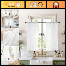 White Semi-Sheer Linen Curtains 36" Length for Kitchen Cafe - Light Filtering Dr