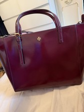 Tory Burch Burgundy Patent Leather Tote Bag Zip, Logo, Gold Hardware, Strap