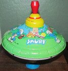 1982 Smurf 8.5" Metal Top Spinning Toy Wood Handle PEYO GREAT GRAPHICS & COLOR — photo 1