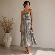 Banana Republic Pleated Midi Dress Womens 8 Silver Metallic Square Neck 396391