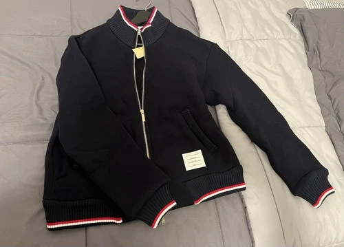 Thom Browne Navy Cotton Knit Full Zip Bomber Jacket Stand-Up Collar Men’s S - product listing photo