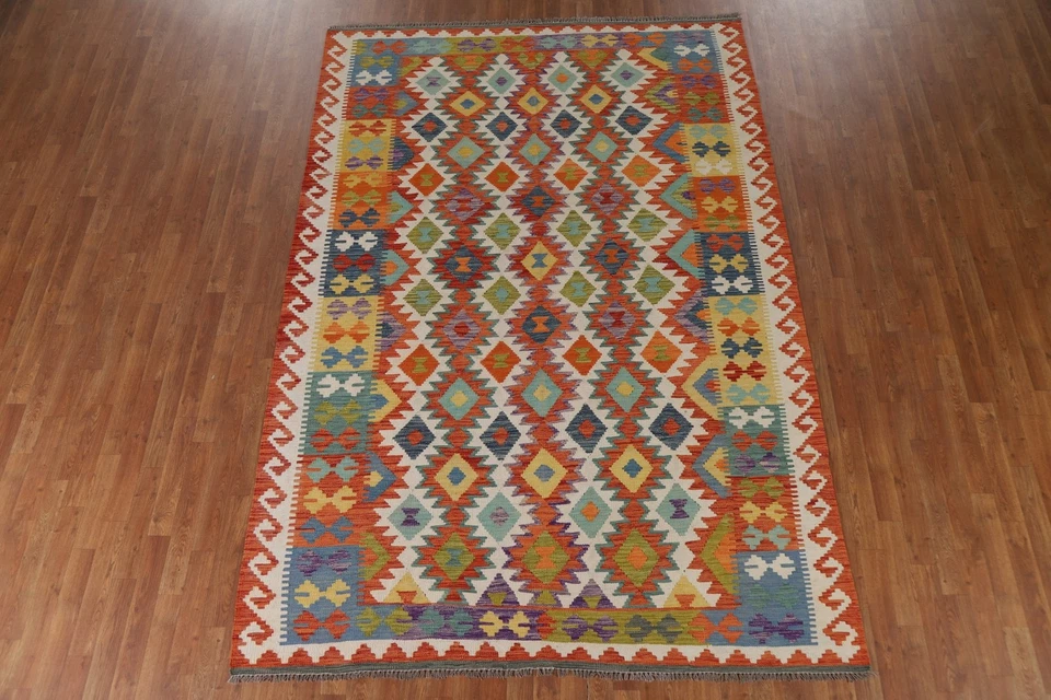 Alfombra de sala de estar Kilim 7x10 lana tejida a mano alfombra reversible suroeste Foto 3 de 4