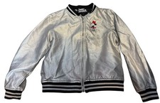 Disney Minnie Mouse Silver Bomber Varsity Jacket Polka Dot Lining Girls Sz 9/10