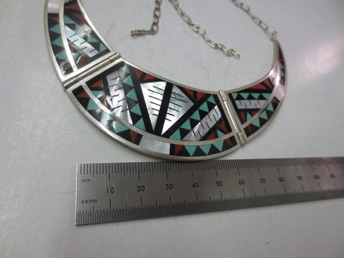 Vintage Zuni Alex and Marylita Boone Mosaic Inlay Sterling Silver Necklace #477 - Picture 4 of 9