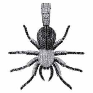 Authentic 1ct Cubic Zirconia Round Onyx mens Spider Pendant White Gold Plated Silver