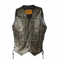 MENS DISTRESSED COWHIDE BROWN LEATHER MOTORCYCLE VEST w/ CONCEAL POCKETS - UDA73