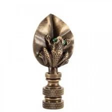  Frog Antique Metal Finial, Lamp Shade Topper Frog With Green GlassEyes On leaf.
