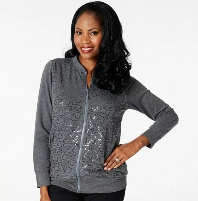 Quacker Factory Sequin Swirl Terry Bomber Jacket Gray Charcoal Full Zip 1X - Image 4 of 4