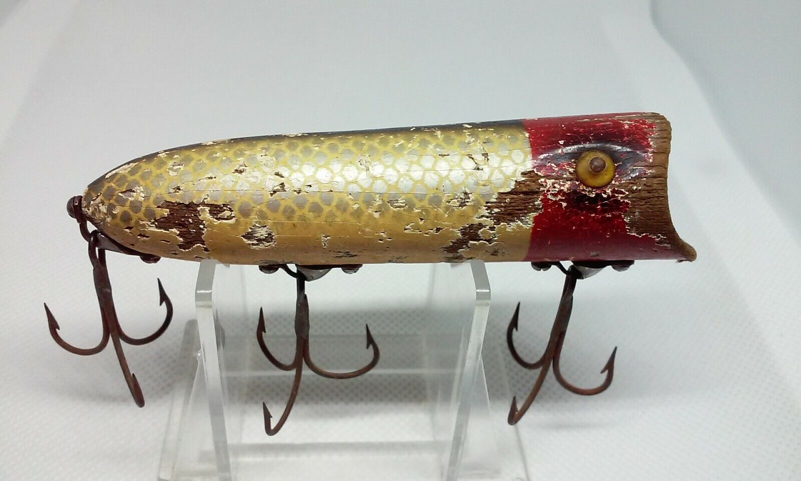 VINTAGE Heddon Lucky 13 Red Head Shiner 3 3/4Tack Eye WoodTopwater/Surface  Lure