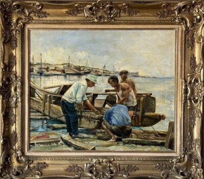 H HOFFMAN ANTIQUE BOAT DOCK FIGURATIVE LANDSCAPE OIL PAINTING OLD VINTAGE WPA 40