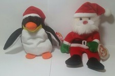 Holiday Beanie Babies, TY, Santa and Zero the Penguin, Vintage 1998, PE Pellets