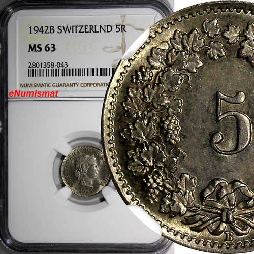 SWITZERLAND Copper-Nickel 1942 B 5 Rappen NGC MS63 HELVETICA KM# 26 (43)