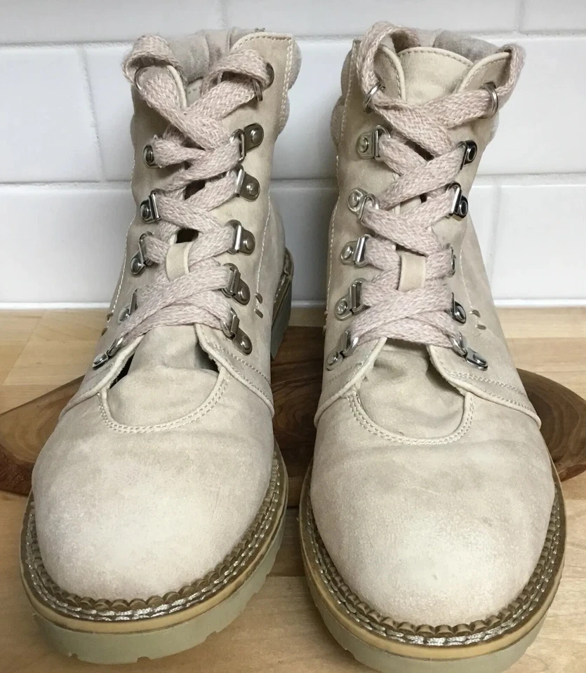 Mujeres Botines Talla 10 Marfil Gamuza Cuero Con Cordones Botas de Combate Lavandería Sucia Foto 3 de 4