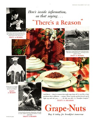 1929 Post Grape Nuts Cereal Vintage Print Ad There's A Reason Famer Baker Boy