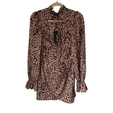 DUSTY PINK DALMATIAN TIE NECK PUFF SLEEVE WRAP SKIRT BODYCON DRESS SIZE MEDIUM