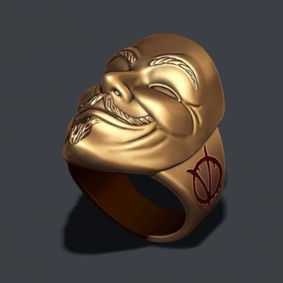Vendetta Ring, Anonymer Maskenring, V wie Vendetta Ring, Hacker Ring. gold