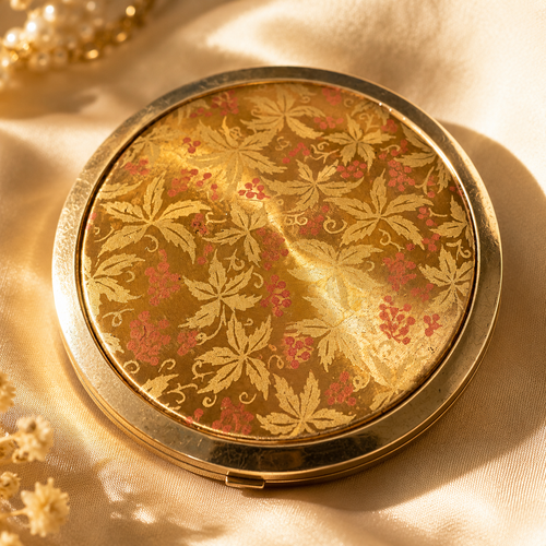 Vintage CLEFF Powder Compact Mirror Gold Tone Floral Leaf Berry Design 1940s - Foto 1 di 11