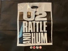 &lsquo;U2 &lsquo; 1980s  x4 pin badges from merch stall & promo bag  for 1988s Rattle & Hum.